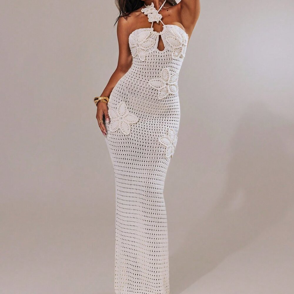 White Sexy Women's Floral Print Long Sweater Dress - Picture 6 of 7